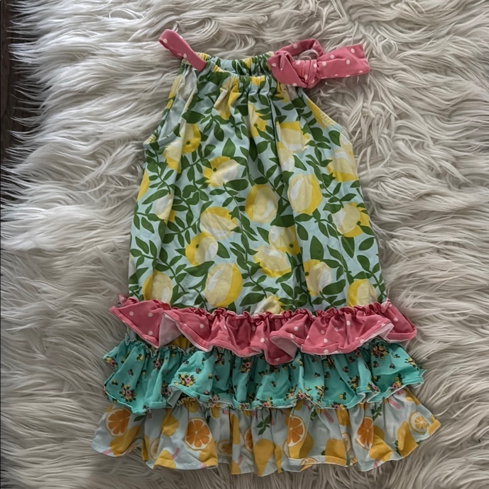 Matilda Jane Lemon Print Ruffle Dress with Pink Bow